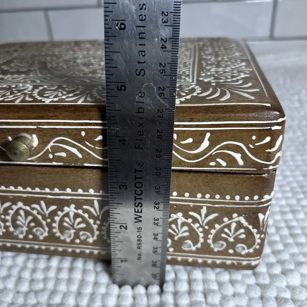 Teak Wood Hand Painted Box Embellished Approx 9.5x7.5x4.5 inches